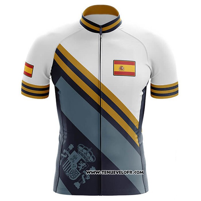 2020 Maillot Ciclismo Champion Espagne Bleu Clair Jaune Manches Courtes et Cuissard